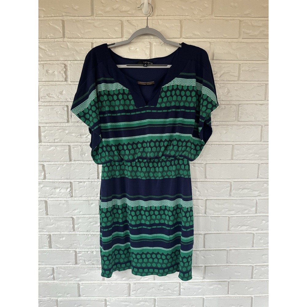 Sangria 90s Y2K Green Navy Geometric Dress Size 8 Flutter‎ Sleeve